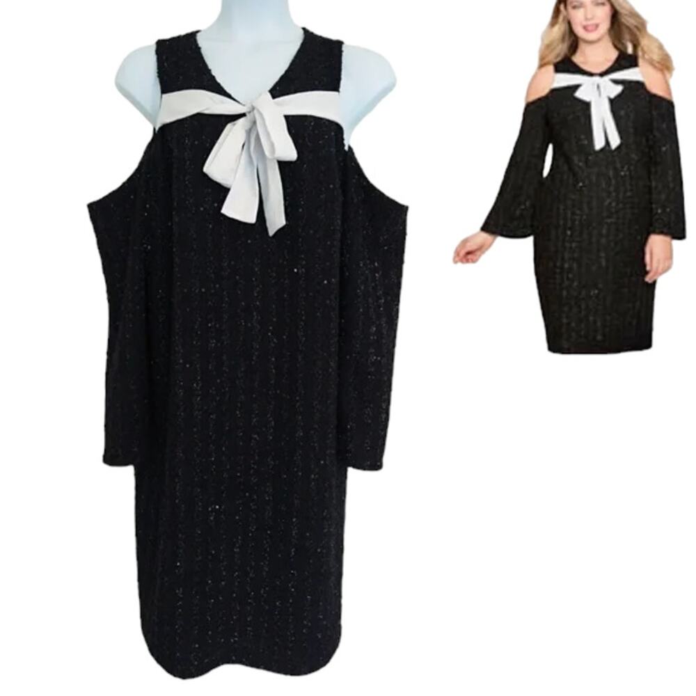 Eloquii Sequin Cold Shoulder Long Bell Sleeve Cocktail Dress Bow Detail Size 18